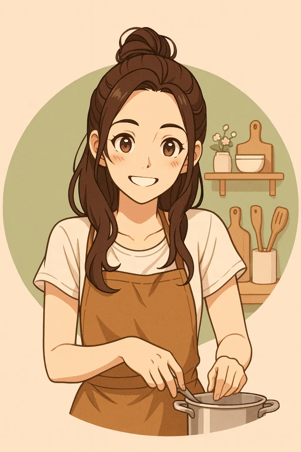 Illustrated picture female avatar smiling in a kitchen setting, representing the Oh My Simple Meals brand.