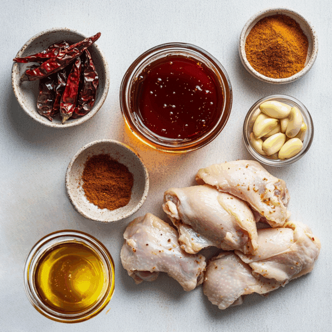 Ingredients for chipotle honey chicken recipe including chipotle peppers, honey, and chicken thighs