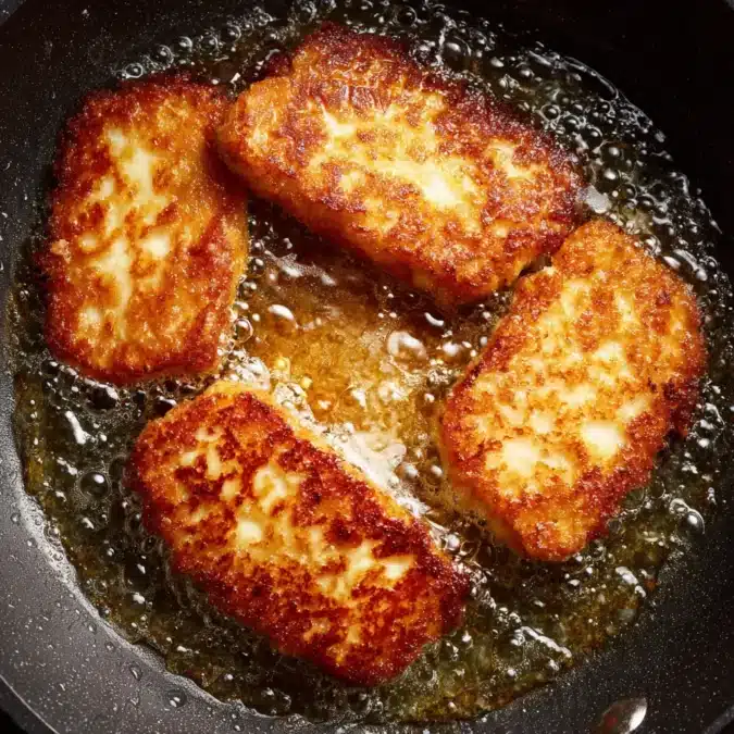 Halloumi schnitzel frying in pan with golden crust