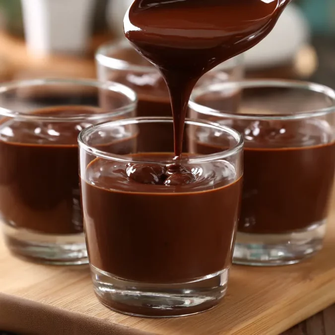 pouring chocolate pudding into cups