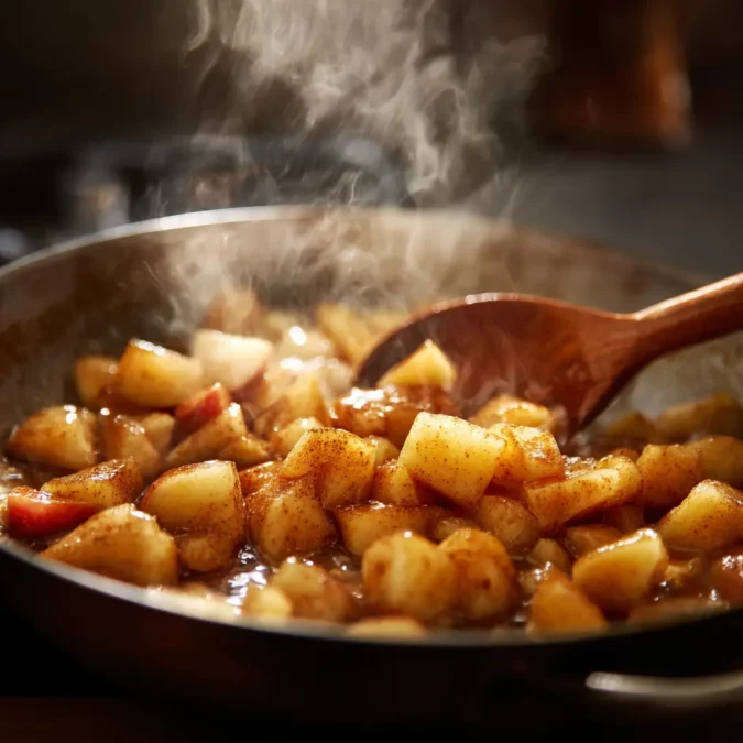 Cooking diced apples with cinnamon for caramel apple cookies