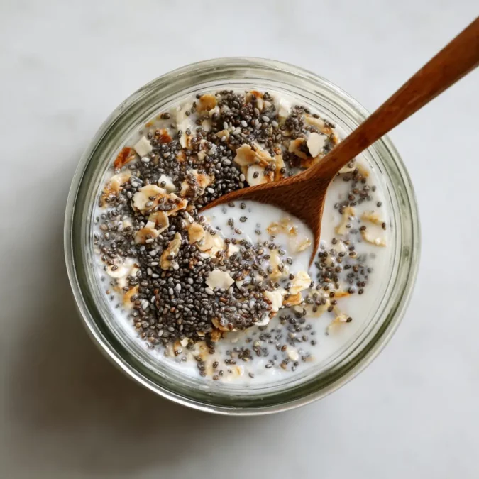 Mixing oats, chia seeds, and coconut milk in a jar