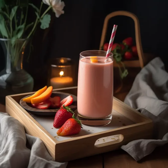 Served peach strawberry smoothie with garnish