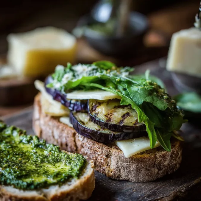 Assembling eggplant pesto sandwich