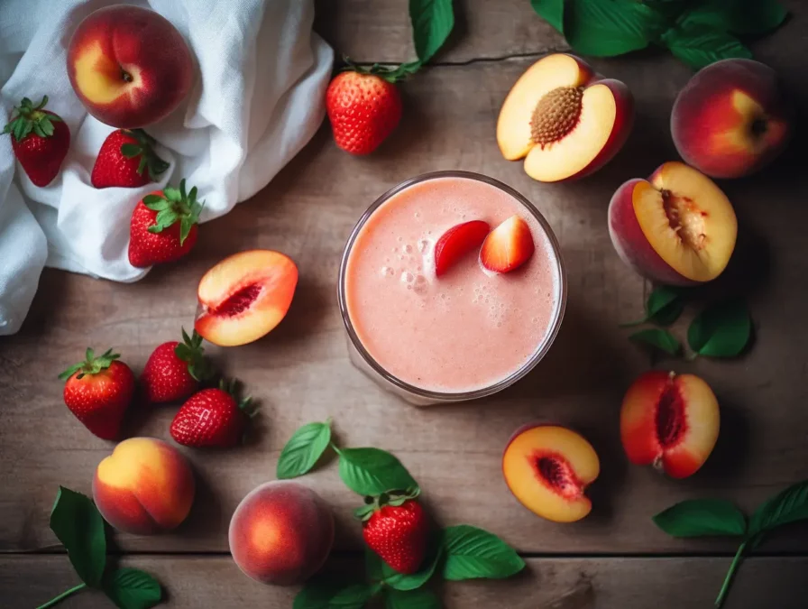 Peach strawberry smoothie in glass with fresh fruit