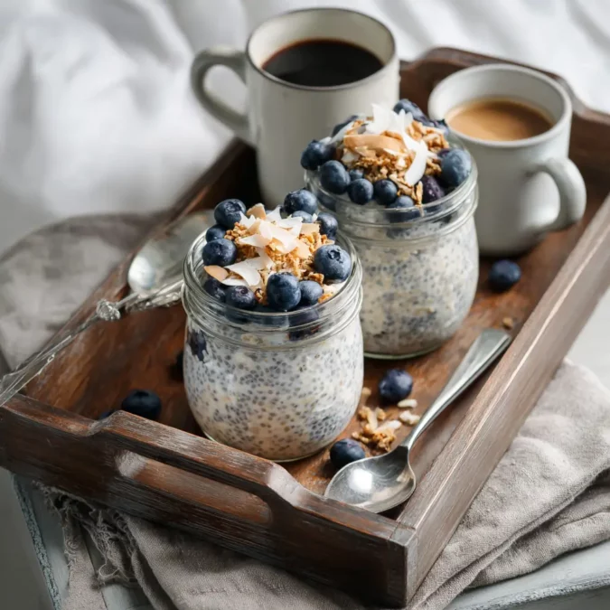 Two jars of coconut chia overnight oats with toppings