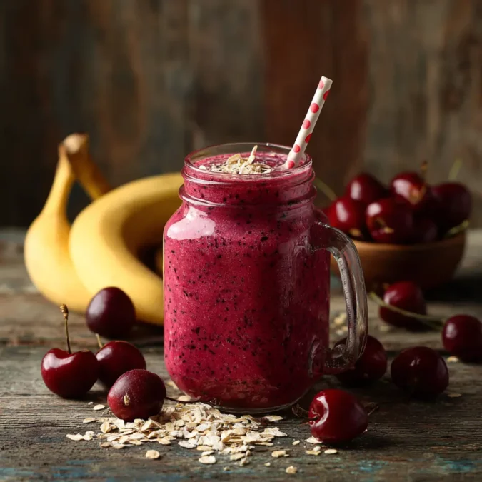 Smoothie with frozen cherries in a mason jar