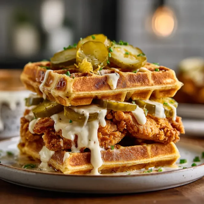 chicken big mac waffle stacked with pickles and creamy sauce