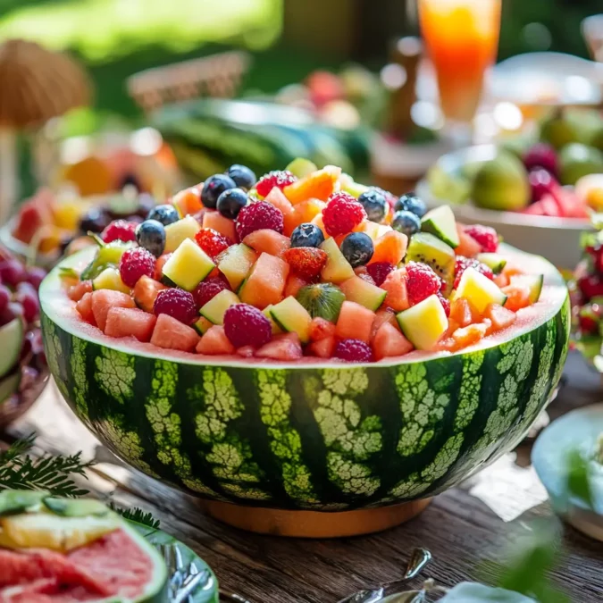 serving fruit salad inside watermelon