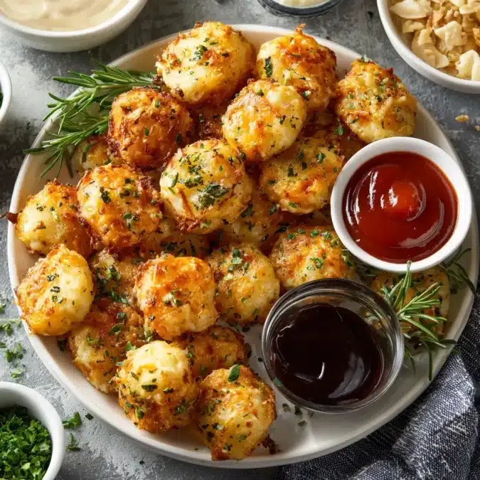 Air fryer cheesy potato bites served with dips
