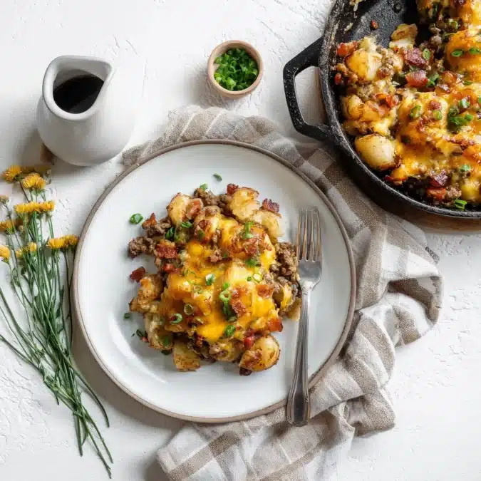 Plated cheeseburger potato skillet portion