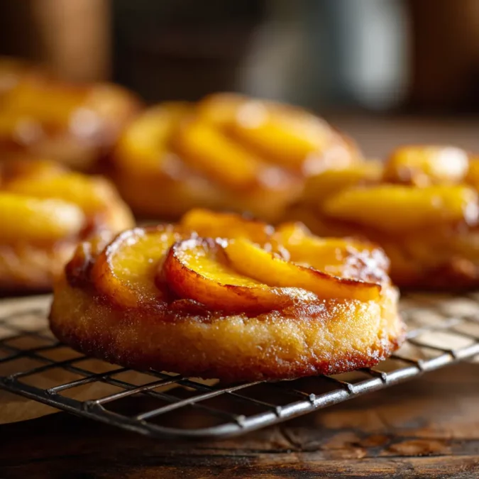 Peach upside-down cookies with caramelized peach tops on cooling rack
