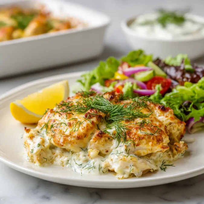 Plated Chicken Tzatziki Casserole with salad