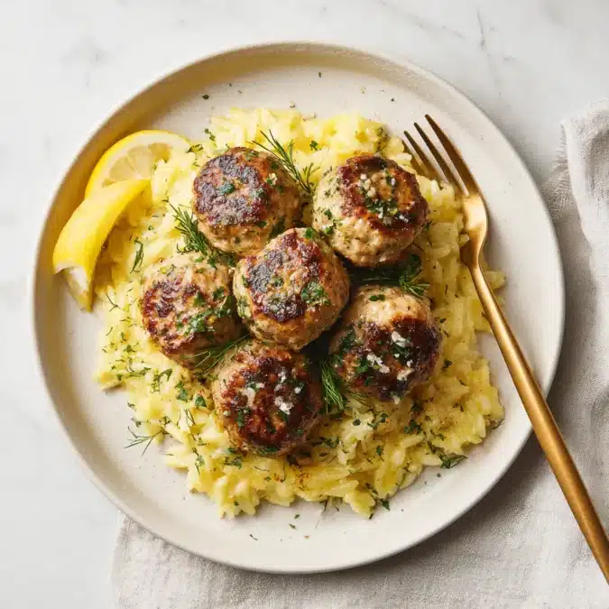 Served lemon garlic cottage cheese meatballs with orzo