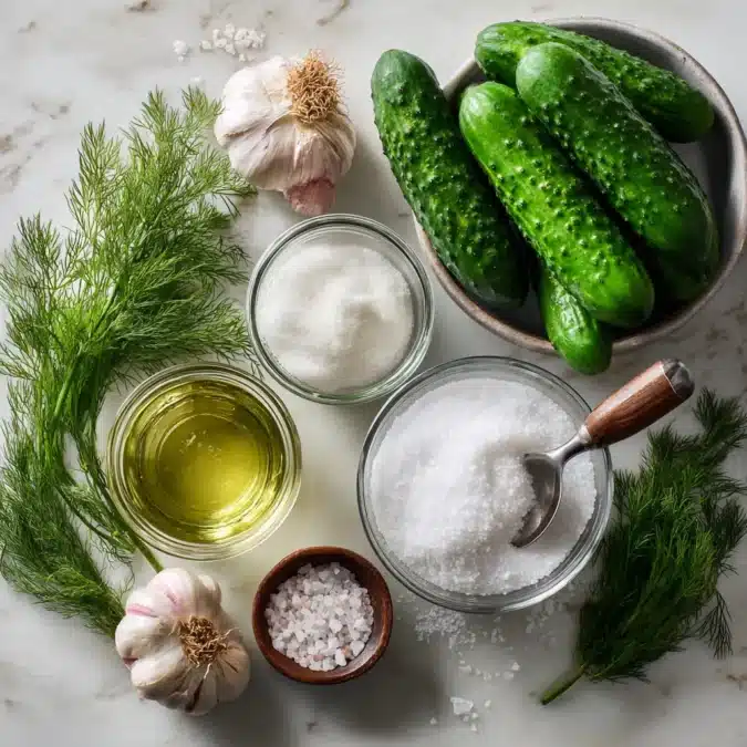 Ingredients for a canning pickles recipe laid out