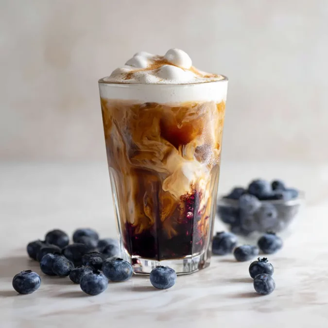 iced coffee with blueberry syrup