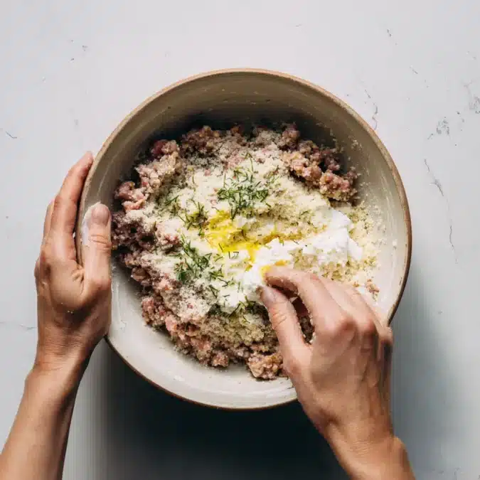 Mixing lemon garlic cottage cheese meatball mixture