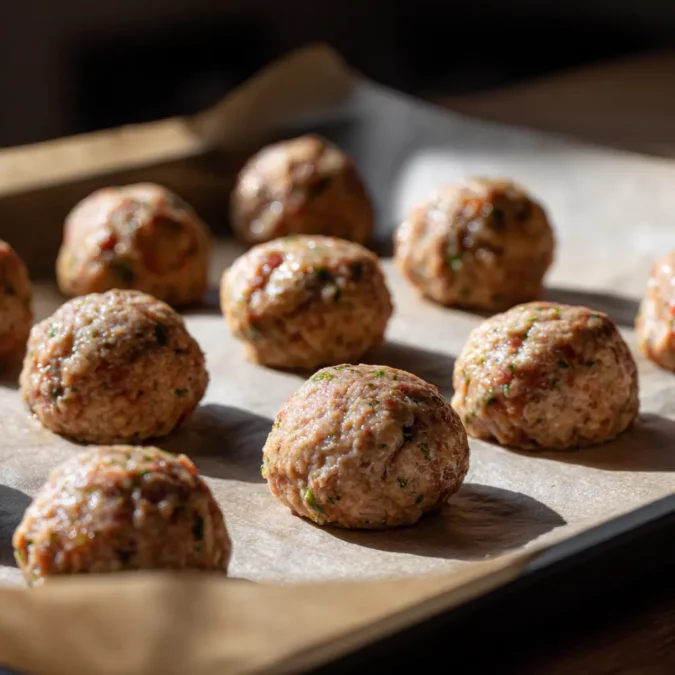 Raw lemon garlic meatballs on baking tray