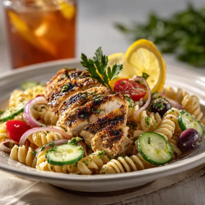 Single serving of chicken Mediterranean pasta salad