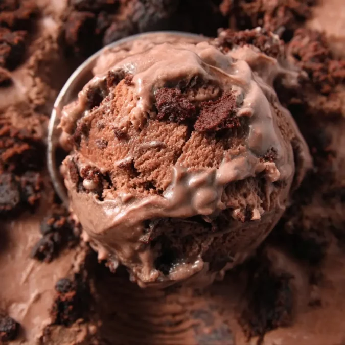 Folding brownie chunks into chocolate ice cream