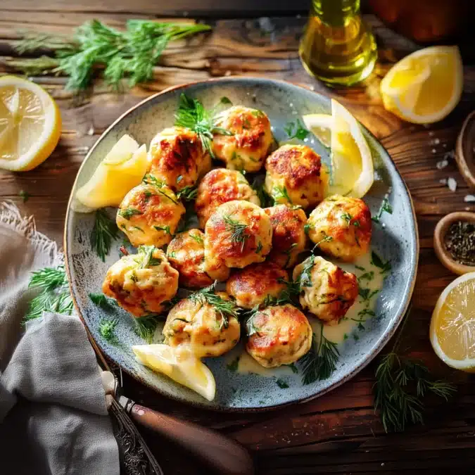 Lemon garlic cottage cheese meatballs on rustic table