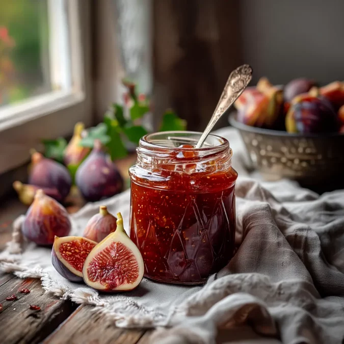 Homemade fig jam in a jar with fresh figs around