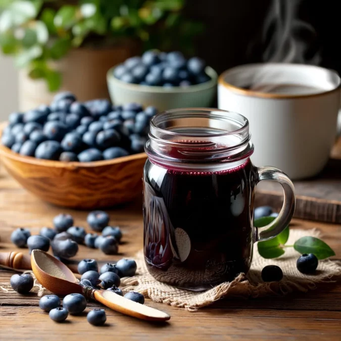 blueberry coffee syrup in jar with coffee