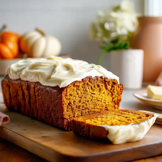 Pumpkin bread loaf topped with cream cheese frosting