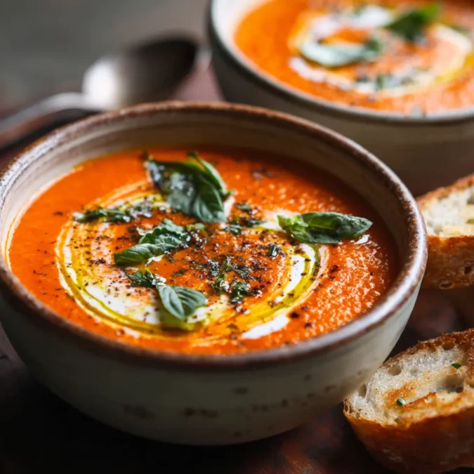 Tomato soup with fresh tomatoes served in a ceramic bowl
