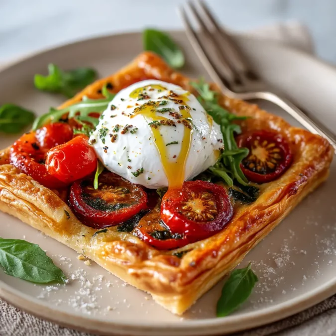 Plated tomato tart with burrata and roasted cherry tomatoes