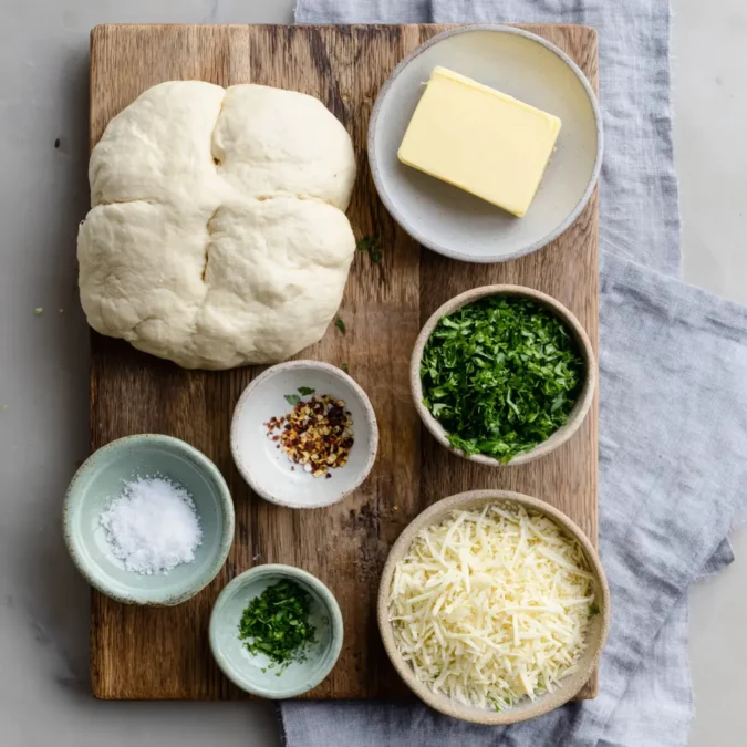 Flat lay of garlic bread knot ingredients on a wooden board