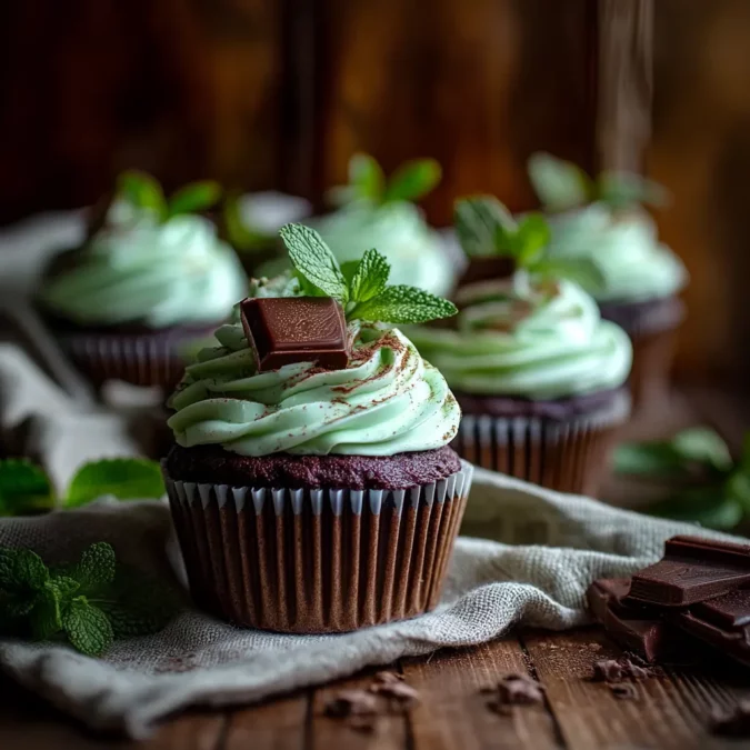 chocolate cupcake with mint green frosting and chocolate square