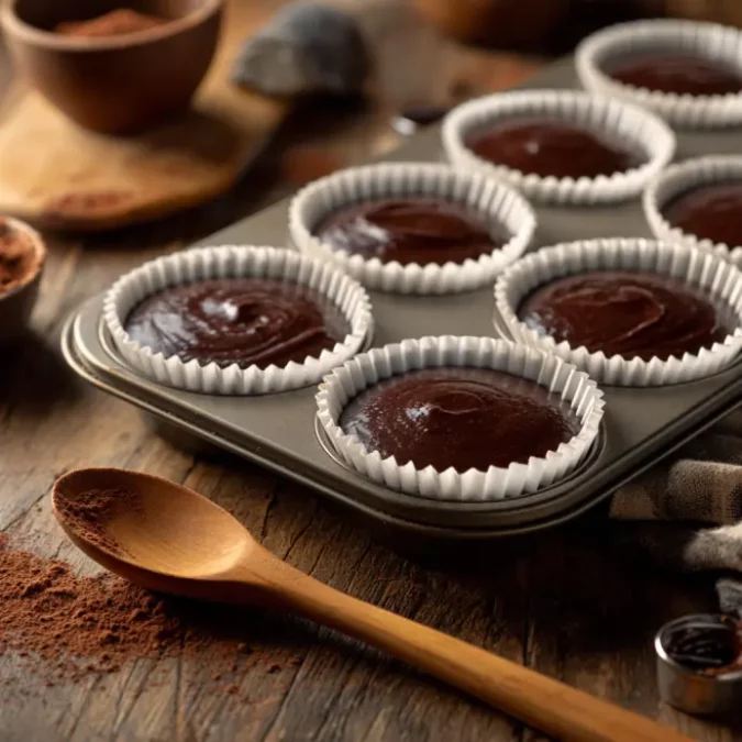 chocolate cupcake batter in paper liners in a muffin pan