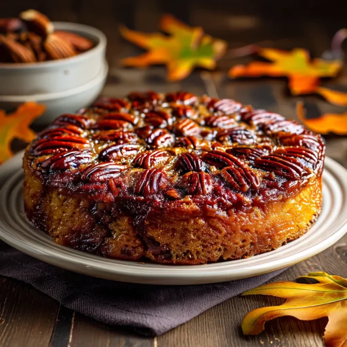 Upside-down pecan pie cake with glazed pecans and autumn decor