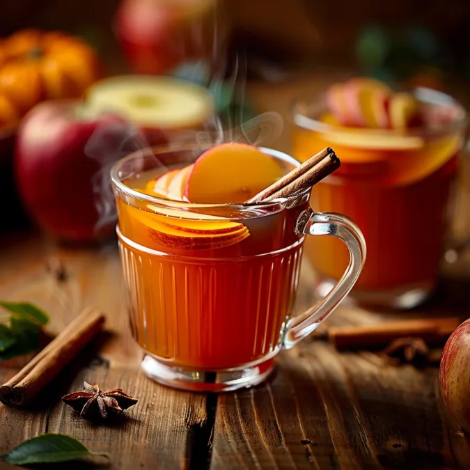 Cozy homemade apple cider with cinnamon sticks and apple slices, perfect for fall gatherings.