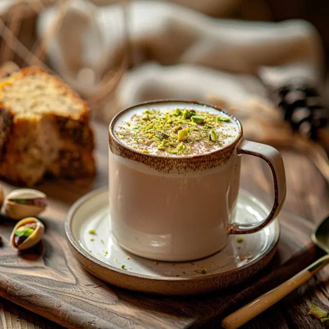 Pistachio cream latte topped with crushed pistachios.