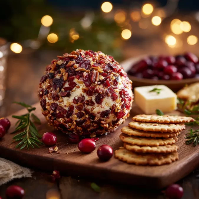 Cranberry pecan cheese ball on a wooden board with crackers and rosemary