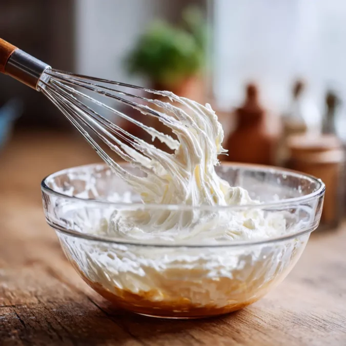 Cream cheese filling being mixed for pumpkin cheesecake muffins