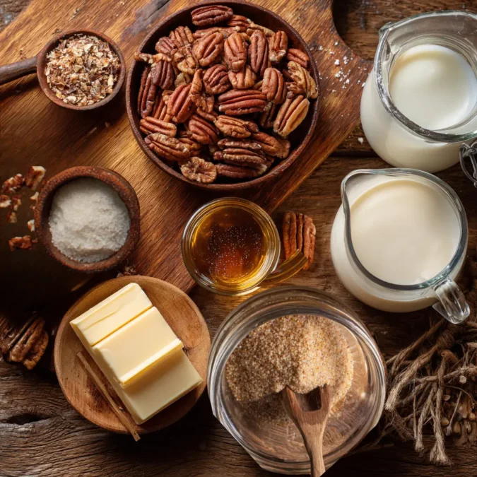 ingredients for pecan coffee creamer on wooden board