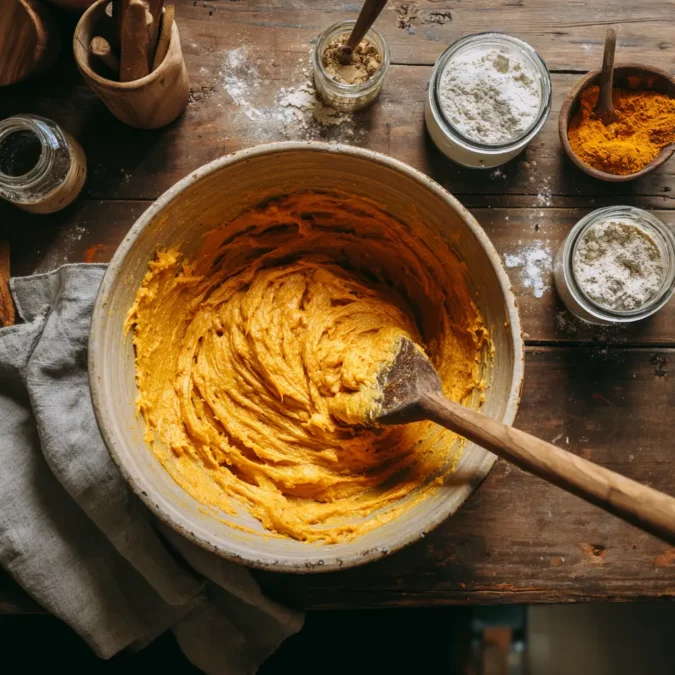 Pumpkin muffin batter being mixed in a large bowl
