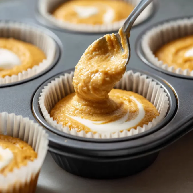 Pumpkin muffin batter with cream cheese swirl in muffin tin