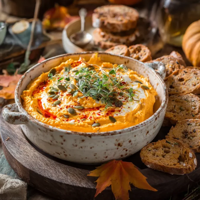 Pumpkin whipped feta dip served with crackers and bread