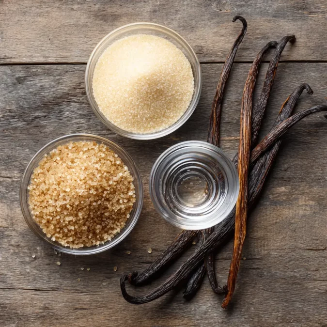 Vanilla bean syrup ingredients laid out