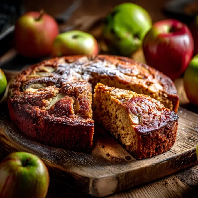 Whole applesauce cake with one slice cut, showing soft texture