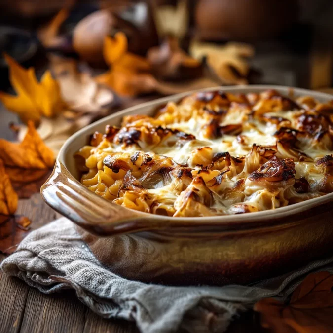 Close-up of golden brown French Onion and Camembert Pasta Bake fresh out of the oven