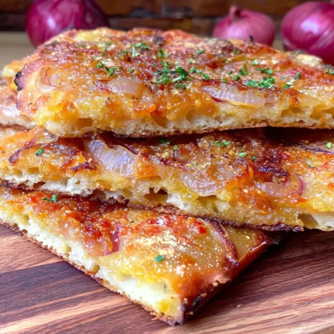Sliced vegan onion flatbread served