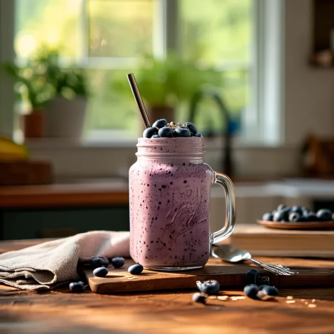Served blueberry breakfast milkshake in a jar