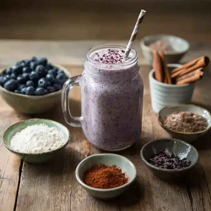 Blueberry Breakfast Milkshake surrounded by natural ingredients