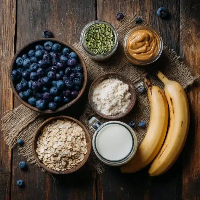 Ingredients for a blueberry breakfast milkshake