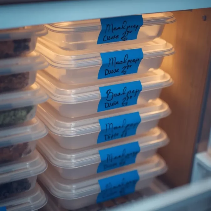 Meal containers labeled with painter’s tape in freezer Kitchen hacks